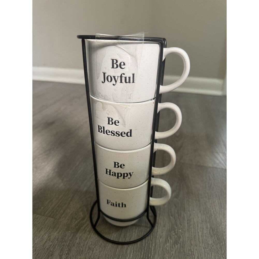 Signature Housewares 4 Stackable Coffee Mugs w/ Rack Be Joyful Blessed Faith